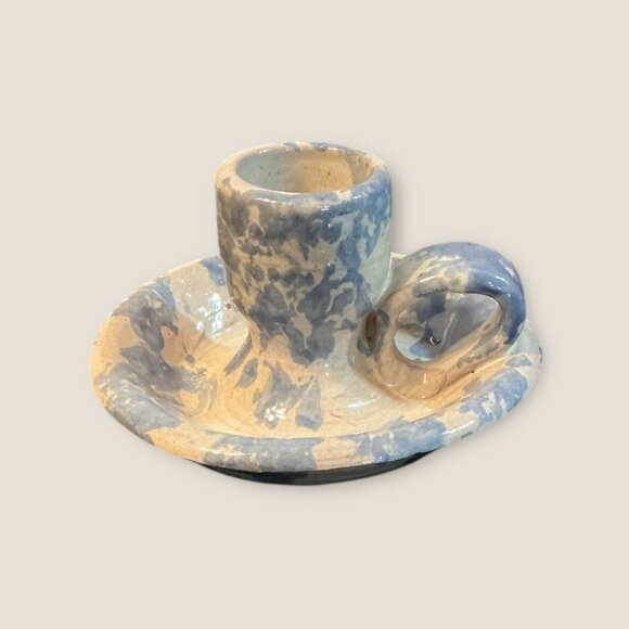 Handmade Blue & White Sponge Ware Pottery Candle Holder Signed BB - Picture 2 of 6